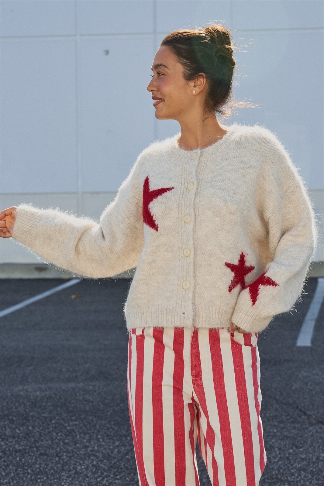 Fuzzy Wool Blend Star Knit Button Up Cardigan in Oatmeal - Women's Wholesale Fashion | Trend Notes