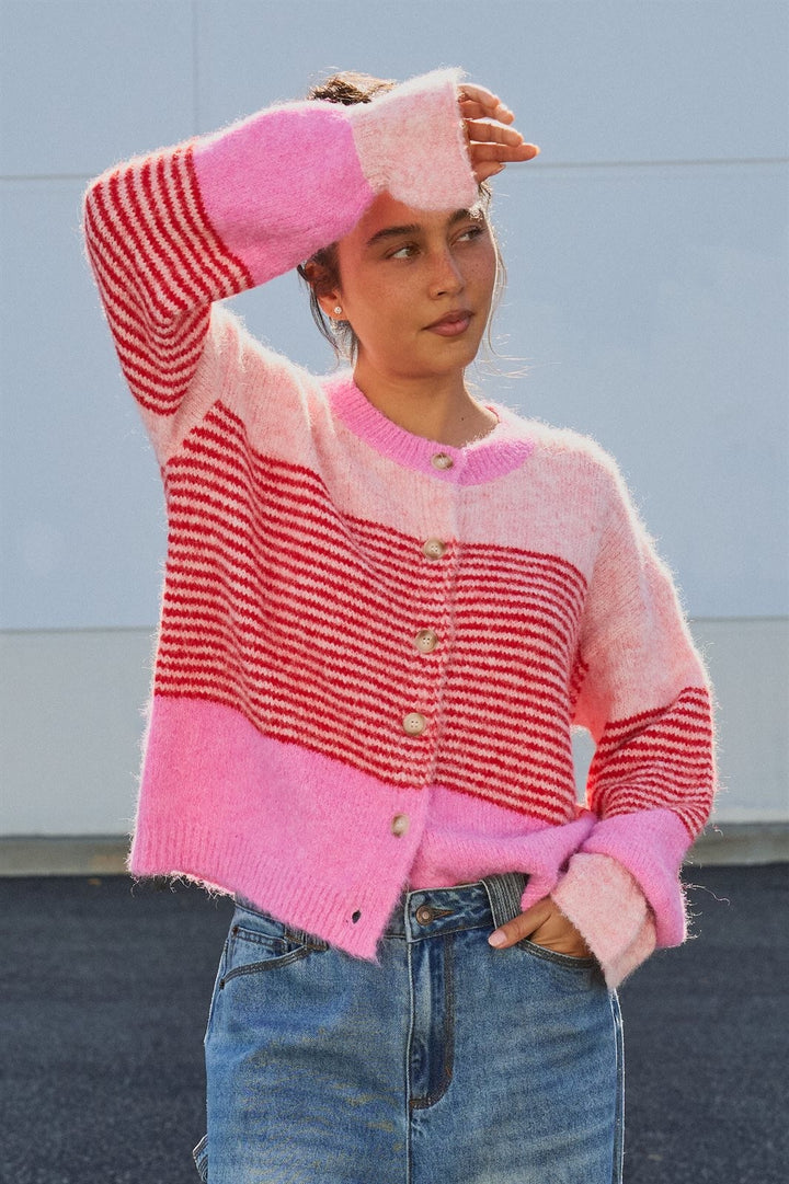 Striped Volume Sleeve Fuzzy Knit Cardigan Wool Blend in Pink - Women's Wholesale Cardigans & Shrugs | Trend Notes