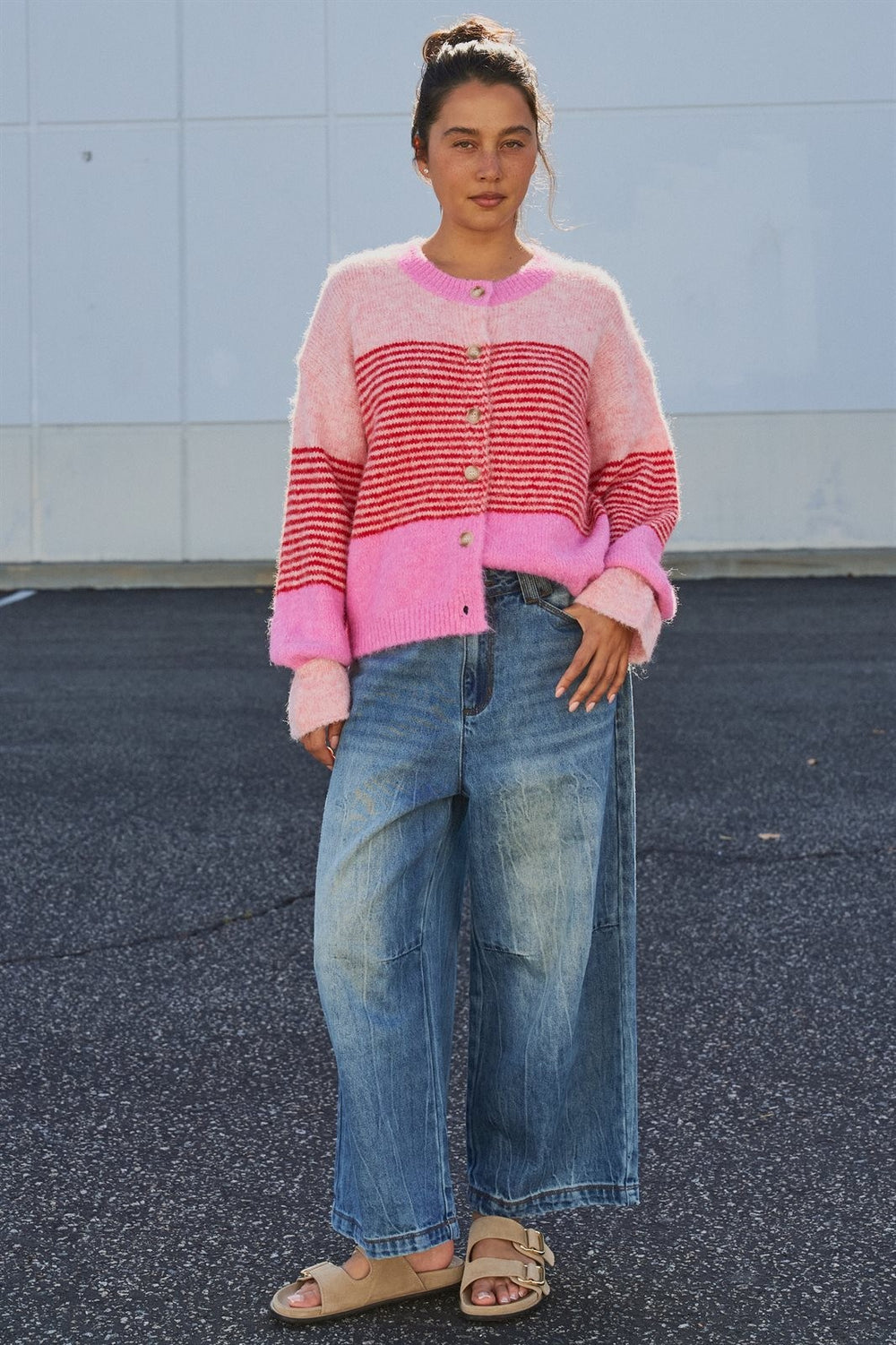 Striped Volume Sleeve Fuzzy Knit Cardigan Wool Blend in Pink - Women's Wholesale Cardigans & Shrugs | Trend Notes