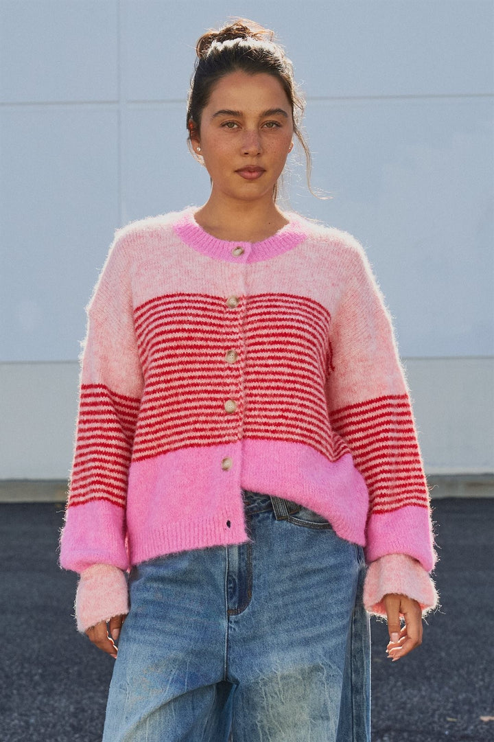 Striped Volume Sleeve Fuzzy Knit Cardigan Wool Blend in Pink - Women's Wholesale Cardigans & Shrugs | Trend Notes