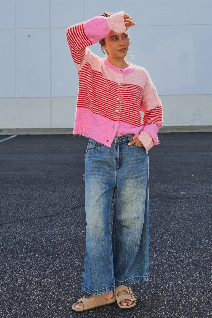 Striped Volume Sleeve Fuzzy Knit Cardigan Wool Blend in Pink - Women's Wholesale Cardigans & Shrugs | Trend Notes