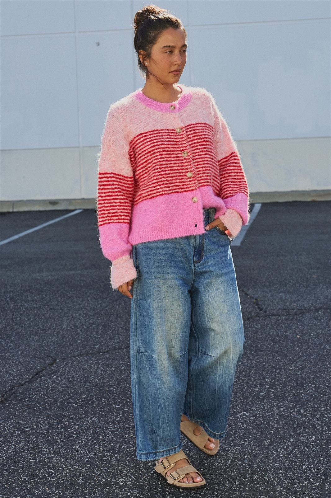Striped Volume Sleeve Fuzzy Knit Cardigan Wool Blend in Pink - Women's Wholesale Cardigans & Shrugs | Trend Notes
