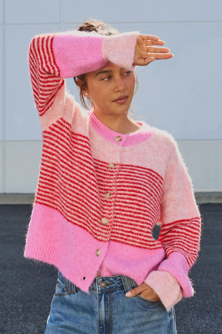 Striped Volume Sleeve Fuzzy Knit Cardigan Wool Blend in Pink - Women's Wholesale Cardigans & Shrugs | Trend Notes