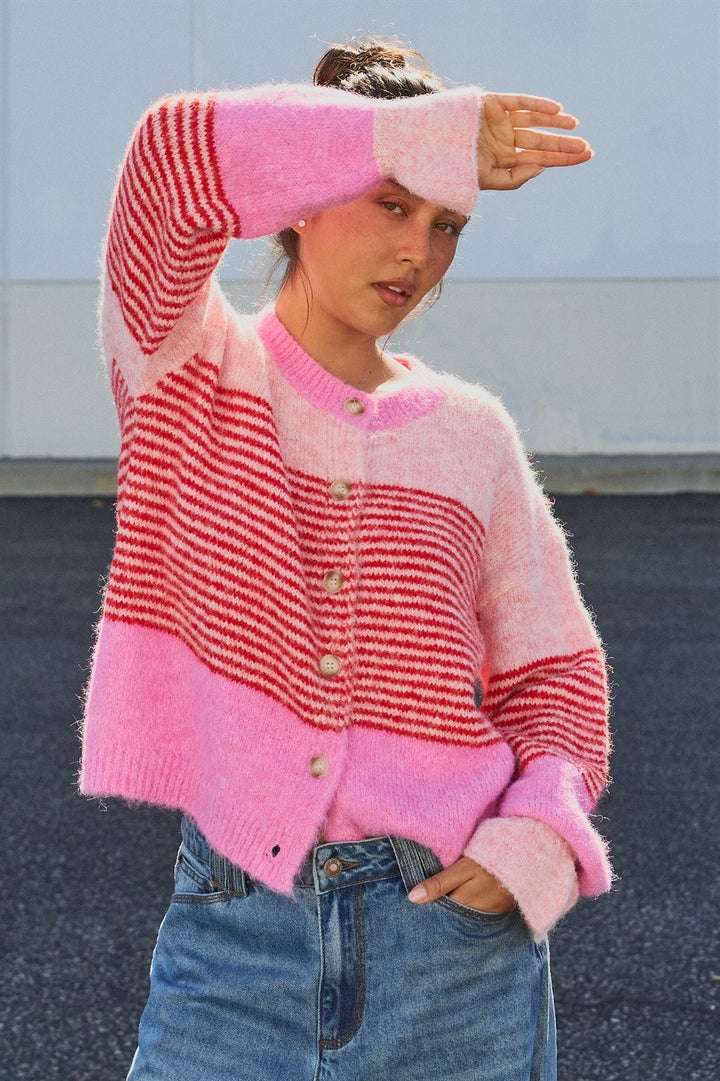 Striped Volume Sleeve Fuzzy Knit Cardigan Wool Blend in Pink - Women's Wholesale Cardigans & Shrugs | Trend Notes