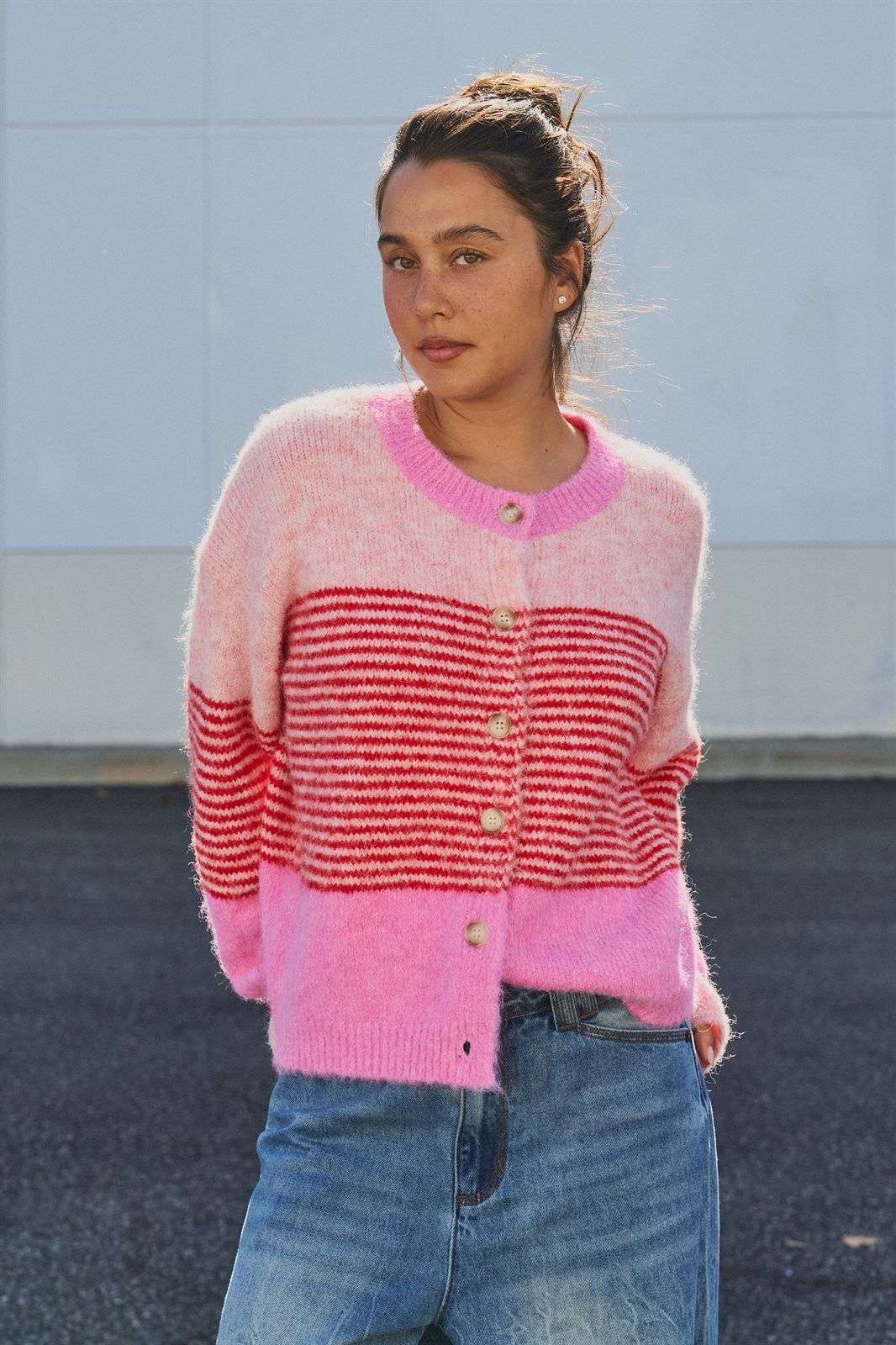 Striped Volume Sleeve Fuzzy Knit Cardigan Wool Blend in Pink - Women's Wholesale Cardigans & Shrugs | Trend Notes