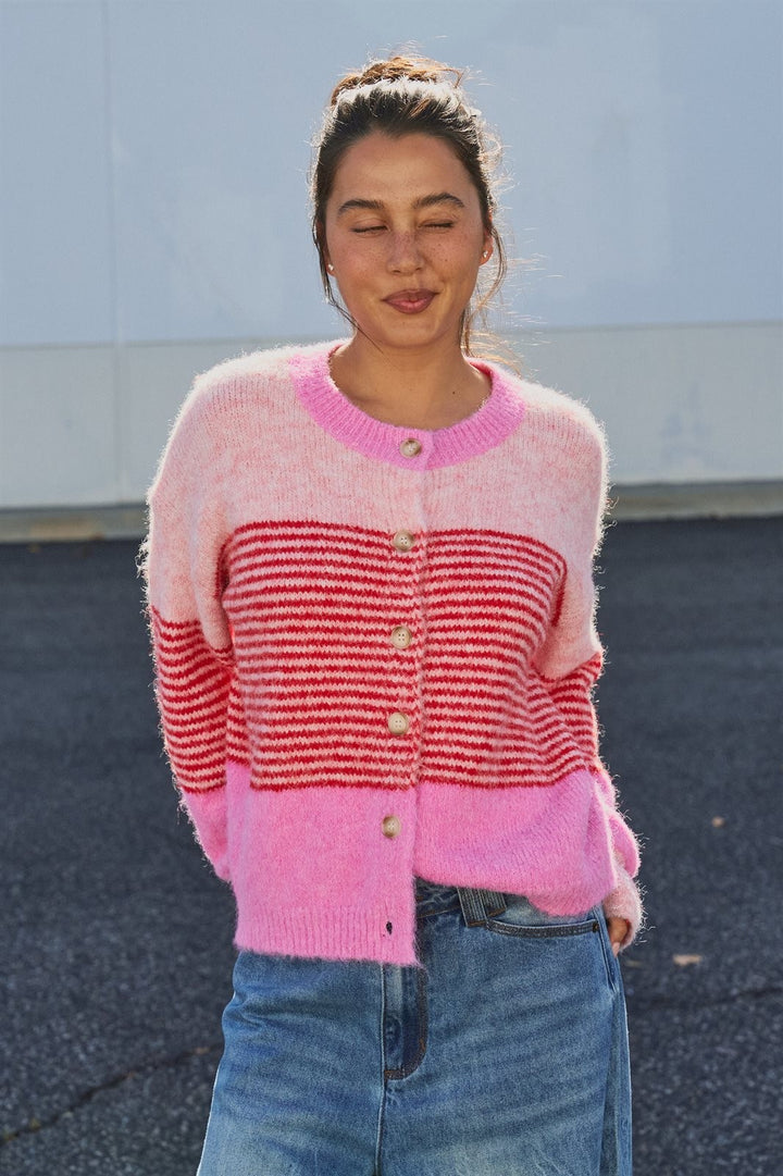 Striped Volume Sleeve Fuzzy Knit Cardigan Wool Blend in Pink - Women's Wholesale Cardigans & Shrugs | Trend Notes