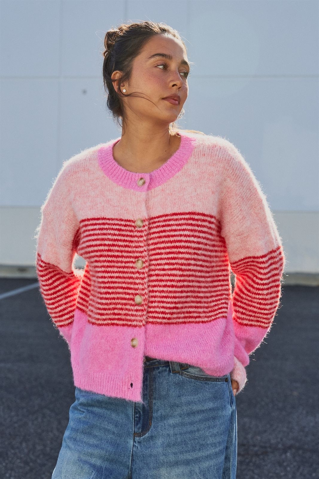 Striped Volume Sleeve Fuzzy Knit Cardigan Wool Blend in Pink - Women's Wholesale Cardigans & Shrugs | Trend Notes