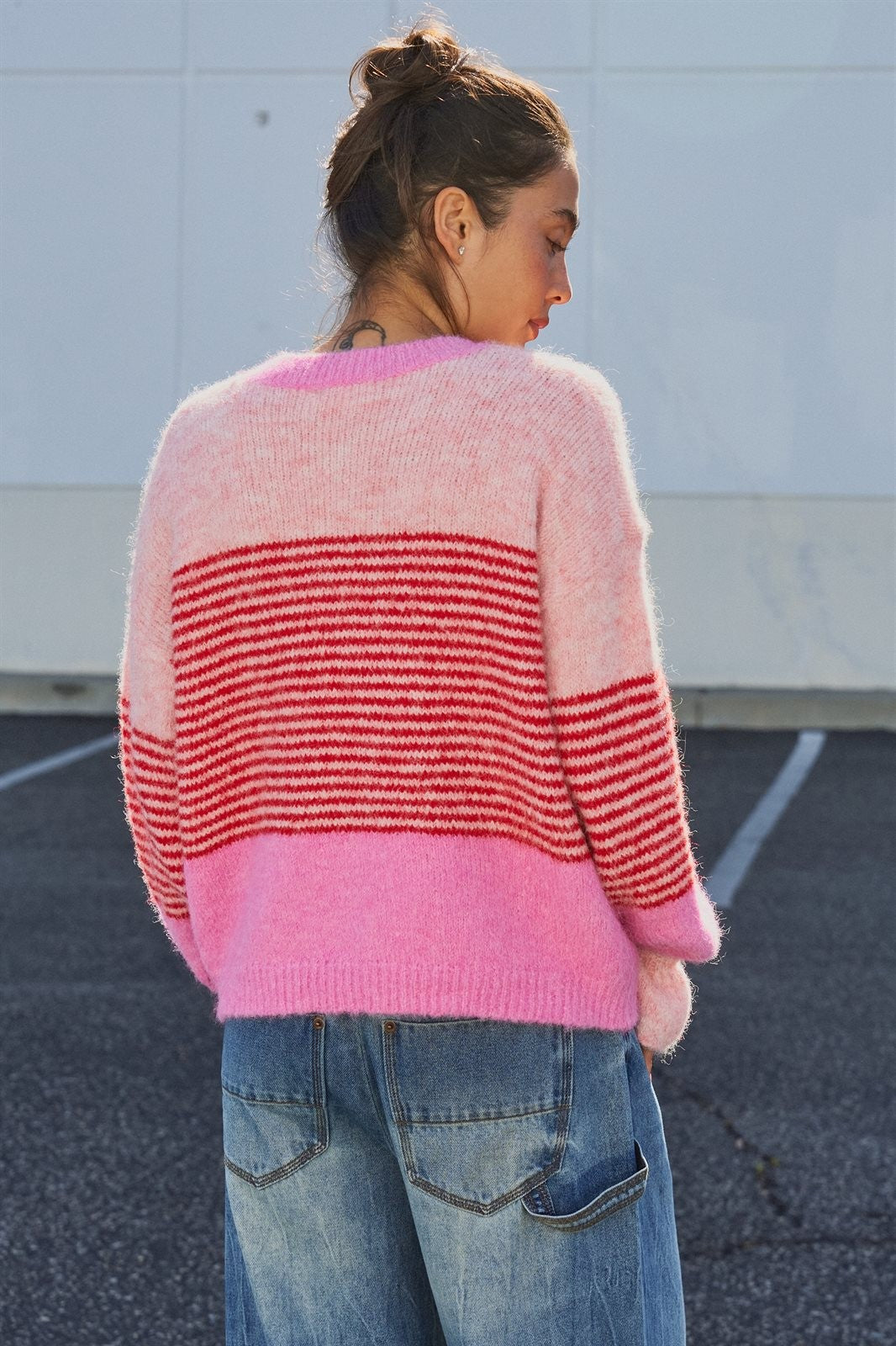 Striped Volume Sleeve Fuzzy Knit Cardigan Wool Blend in Pink - Women's Wholesale Cardigans & Shrugs | Trend Notes