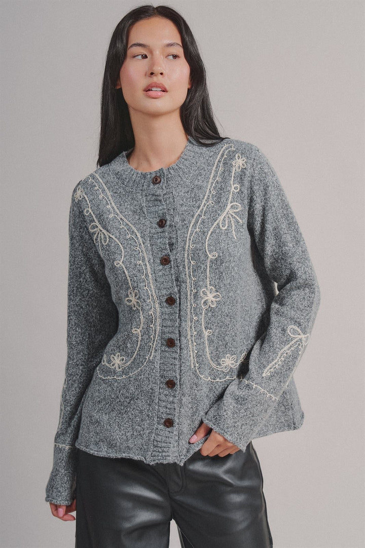 Tweed Floral Embroidered Button Cardigan with Soutache Detai in Grey - Women's Wholesale Fashion | Trend Notes