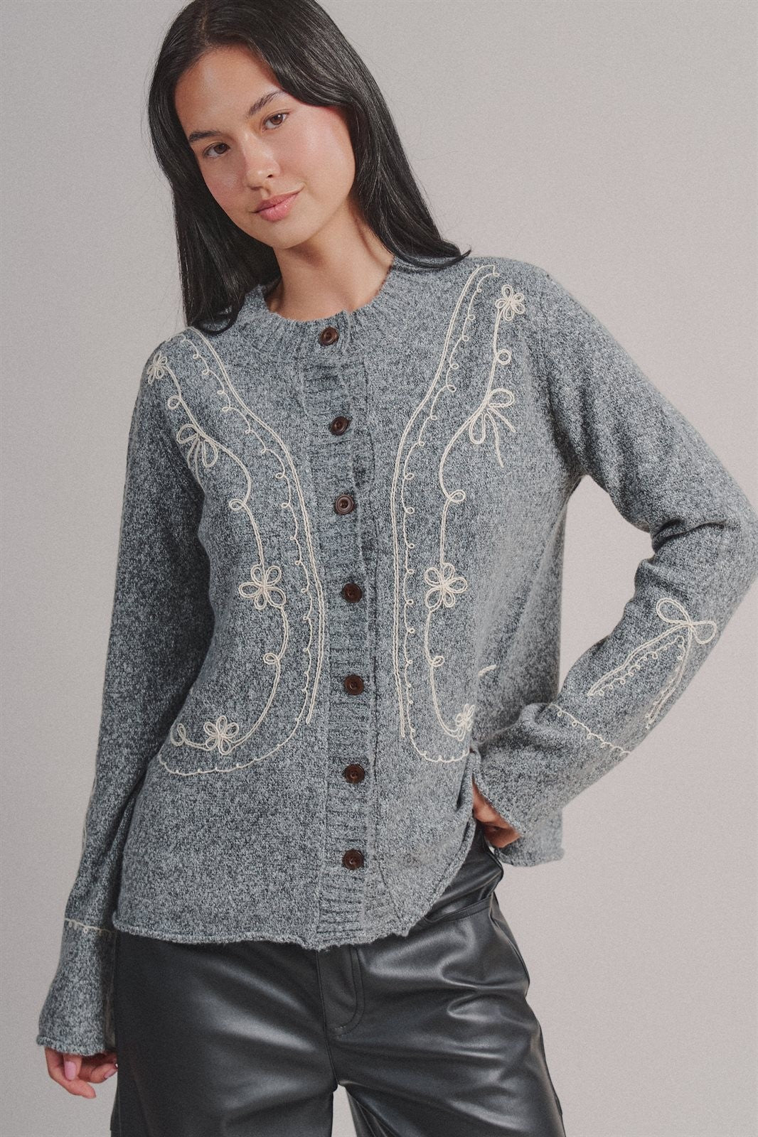 Tweed Floral Embroidered Button Cardigan with Soutache Detai in Grey - Women's Wholesale Fashion | Trend Notes