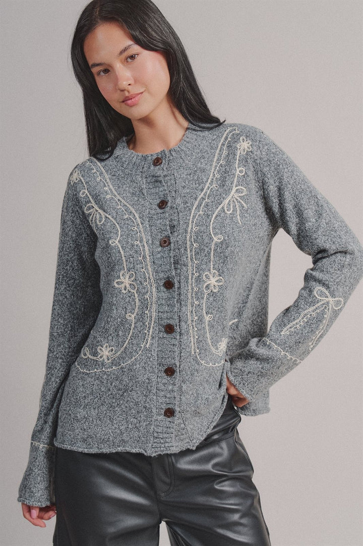 Tweed Floral Embroidered Button Cardigan with Soutache Detai in Grey - Women's Wholesale Fashion | Trend Notes