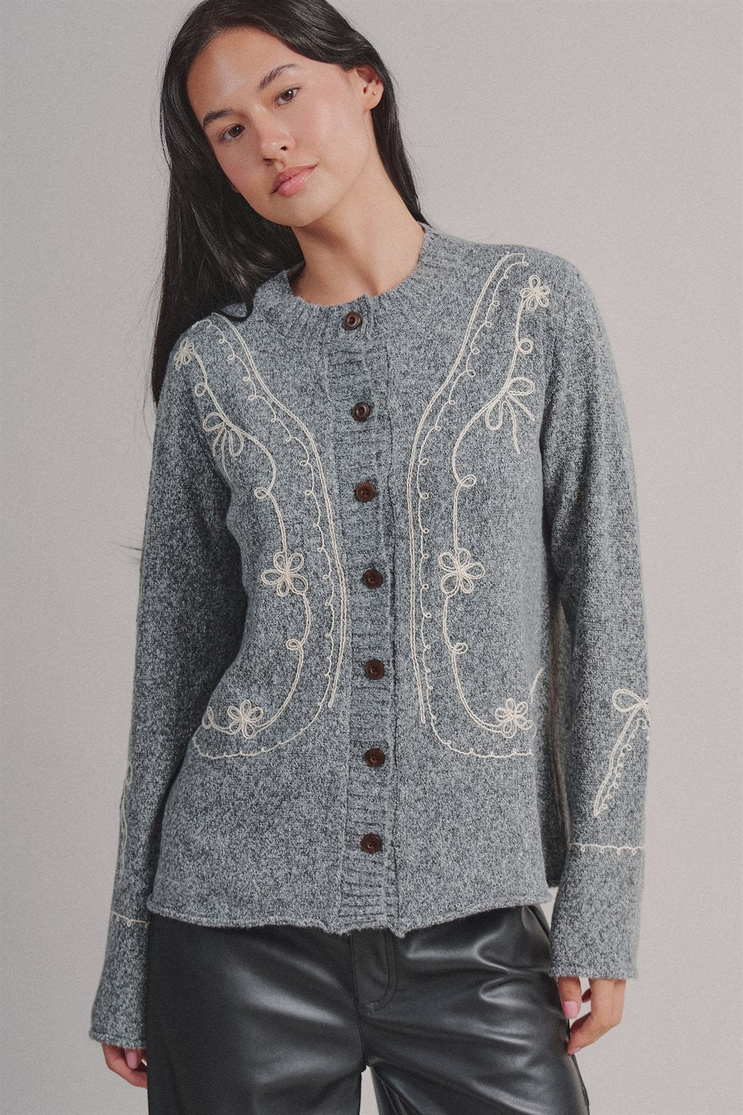 Tweed Floral Embroidered Button Cardigan with Soutache Detai in Grey - Women's Wholesale Fashion | Trend Notes