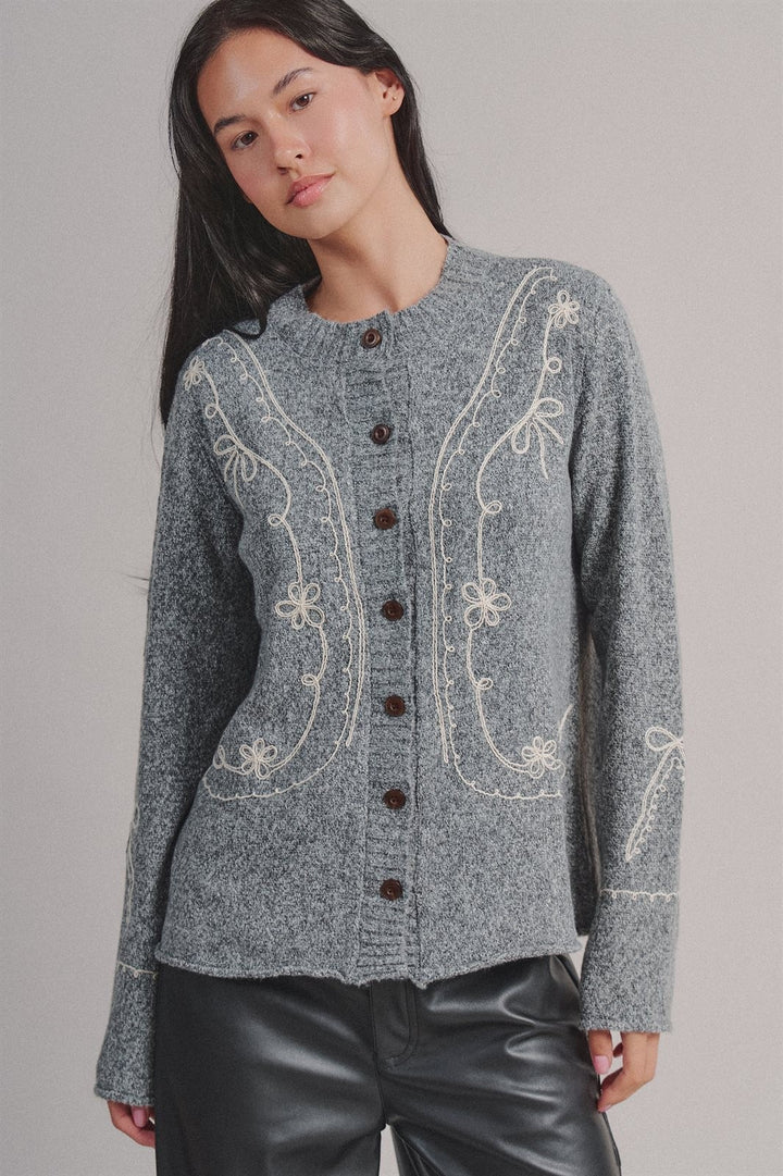 Tweed Floral Embroidered Button Cardigan with Soutache Detai in Grey - Women's Wholesale Fashion | Trend Notes