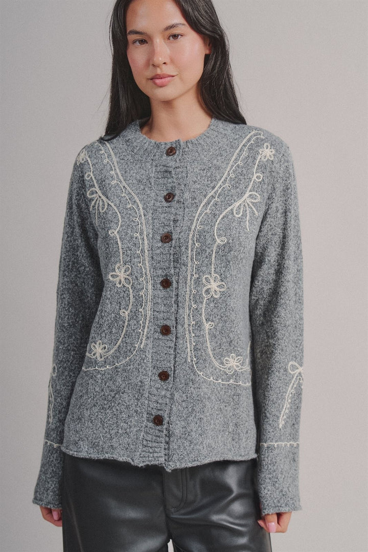 Tweed Floral Embroidered Button Cardigan with Soutache Detai in Grey - Women's Wholesale Fashion | Trend Notes