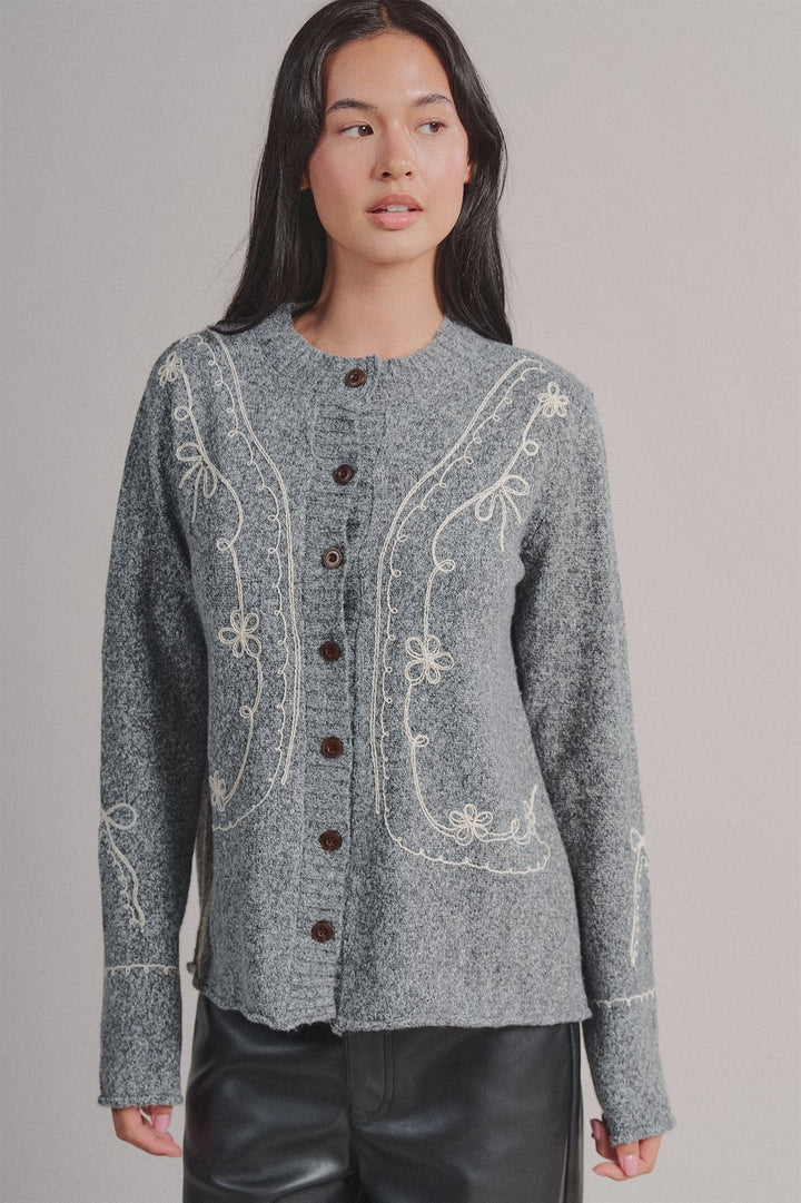 Tweed Floral Embroidered Button Cardigan with Soutache Detai in Grey - Women's Wholesale Fashion | Trend Notes