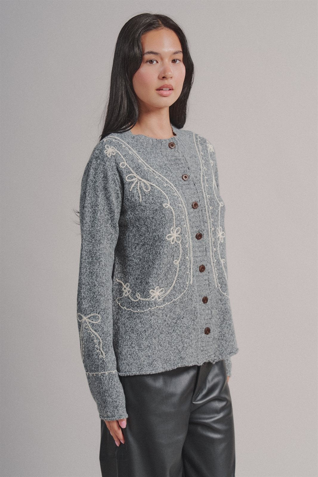 Tweed Floral Embroidered Button Cardigan with Soutache Detai in Grey - Women's Wholesale Fashion | Trend Notes