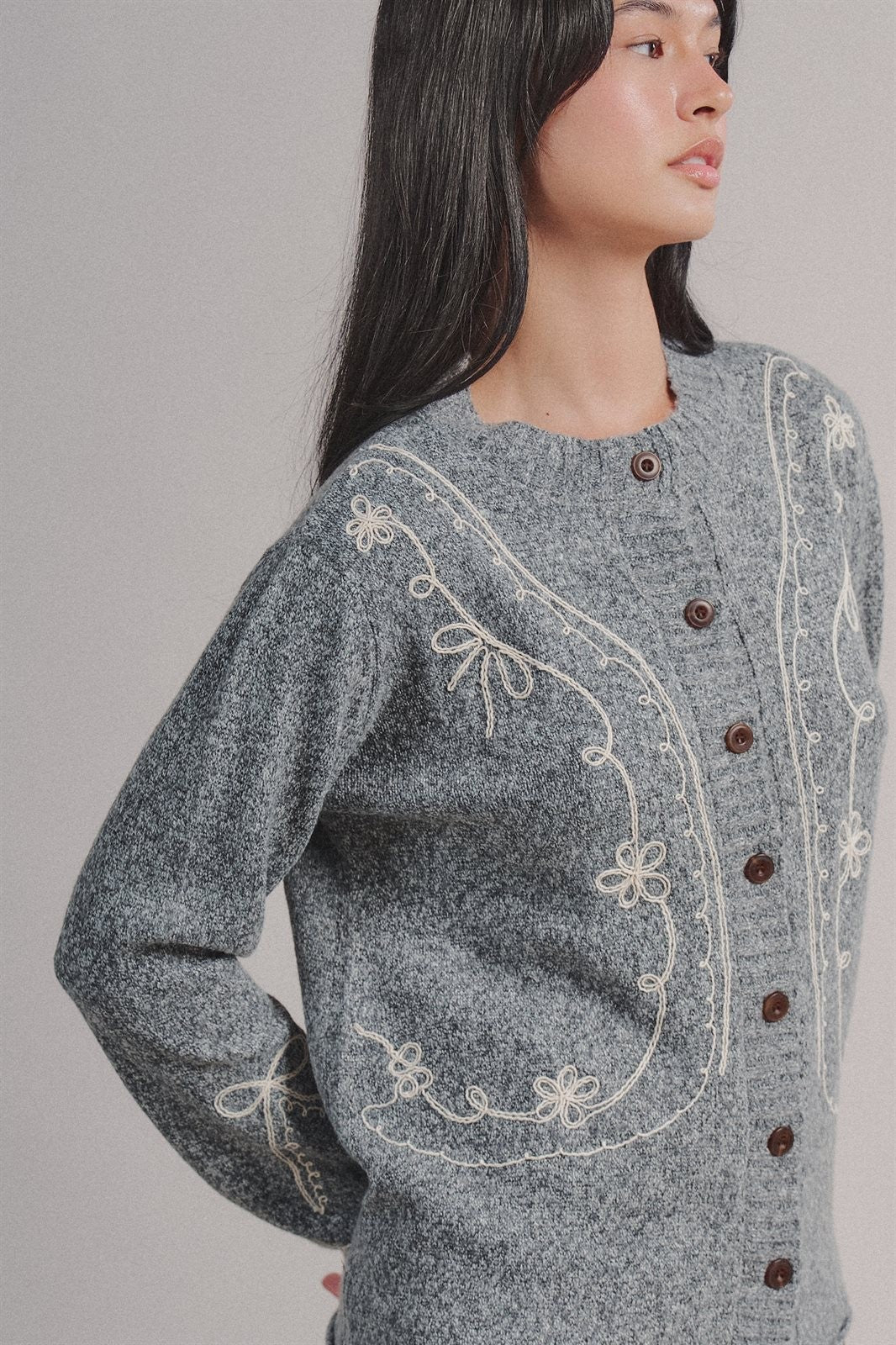 Tweed Floral Embroidered Button Cardigan with Soutache Detai in Grey - Women's Wholesale Fashion | Trend Notes