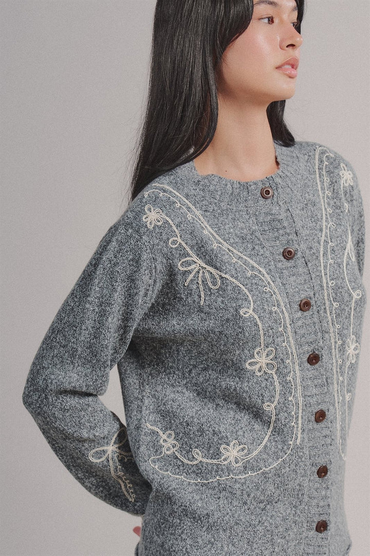 Tweed Floral Embroidered Button Cardigan with Soutache Detai in Grey - Women's Wholesale Fashion | Trend Notes