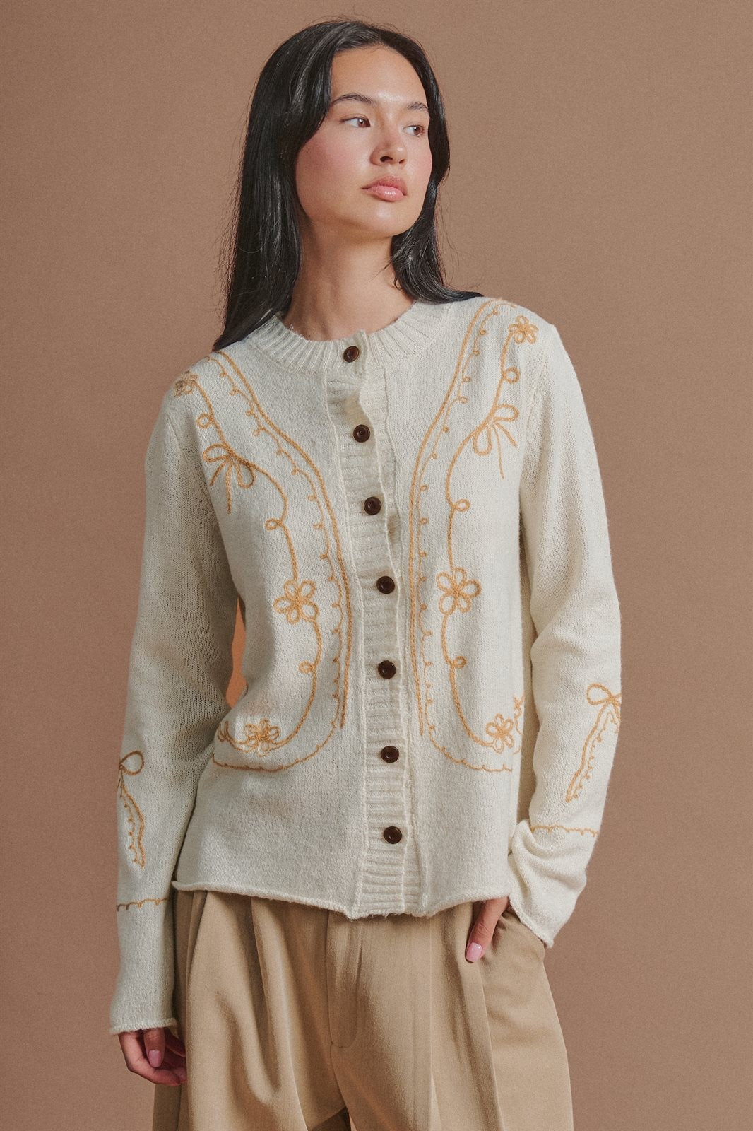 Tweed Floral Embroidered Button Cardigan with Soutache Detai in Ivory - Women's Wholesale Fashion | Trend Notes