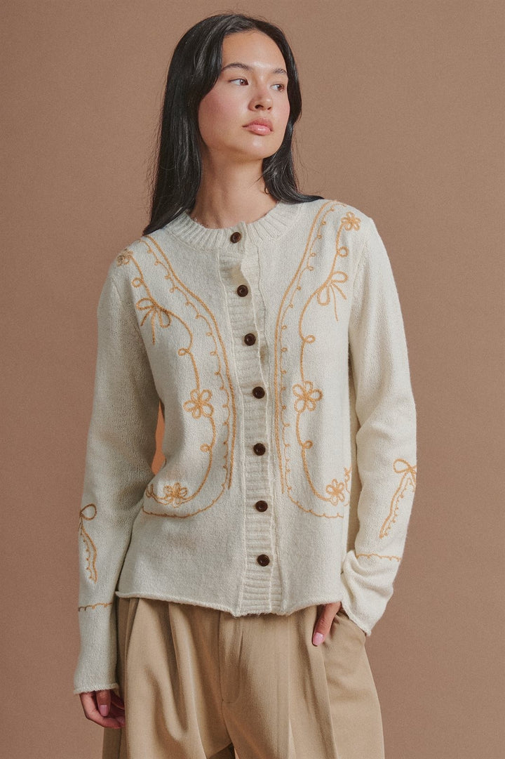 Tweed Floral Embroidered Button Cardigan with Soutache Detai in Ivory - Women's Wholesale Fashion | Trend Notes