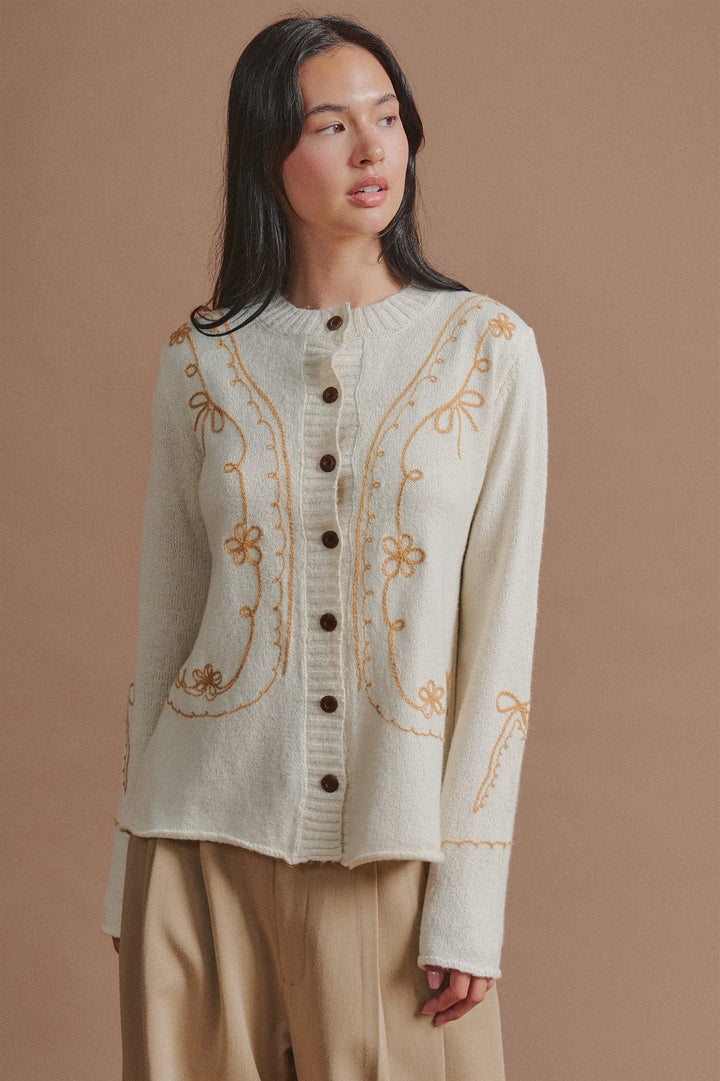 Tweed Floral Embroidered Button Cardigan with Soutache Detai in Ivory - Women's Wholesale Fashion | Trend Notes