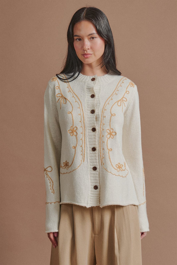 Tweed Floral Embroidered Button Cardigan with Soutache Detai in Ivory - Women's Wholesale Fashion | Trend Notes