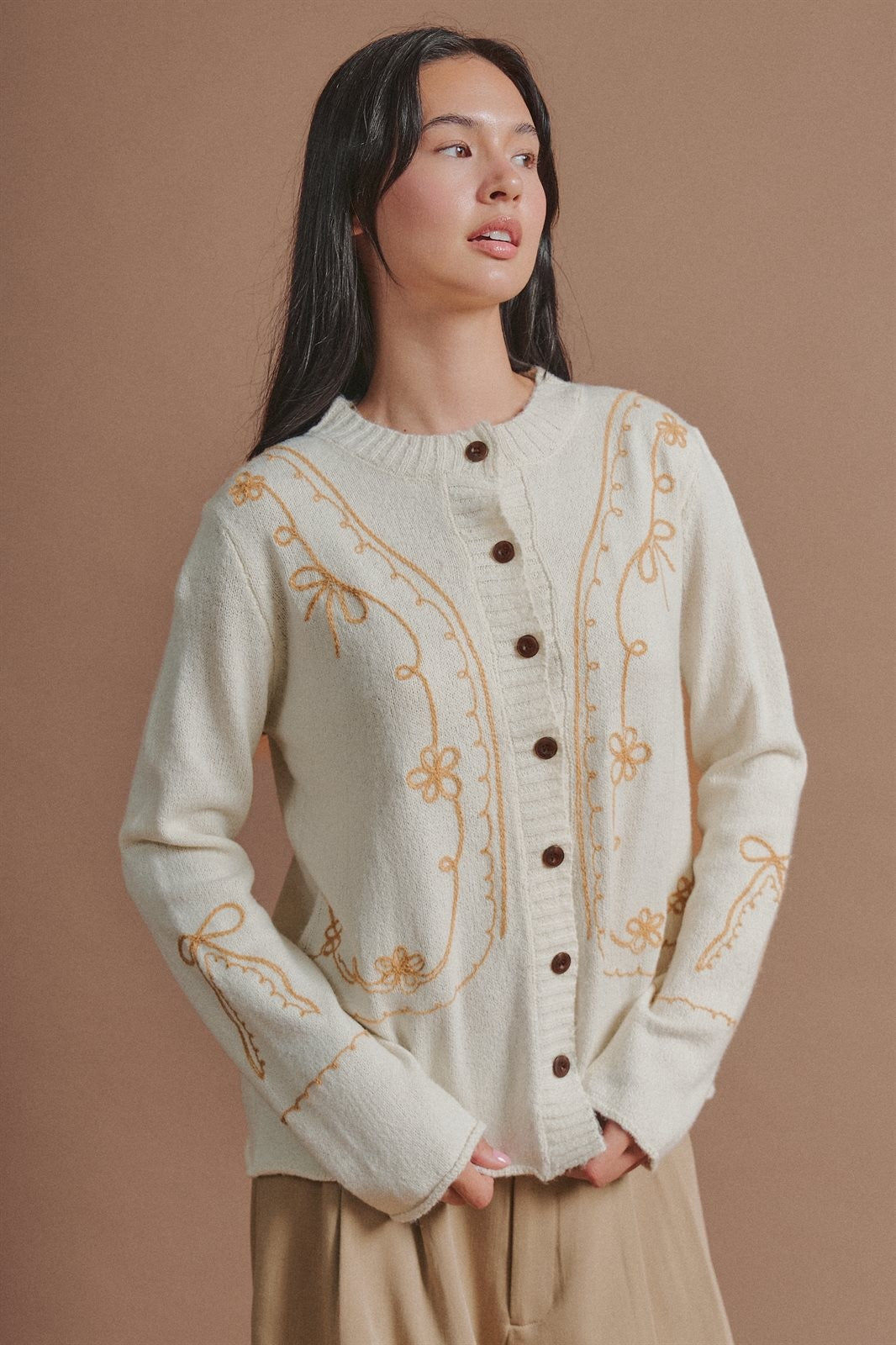 Tweed Floral Embroidered Button Cardigan with Soutache Detai in Ivory - Women's Wholesale Fashion | Trend Notes
