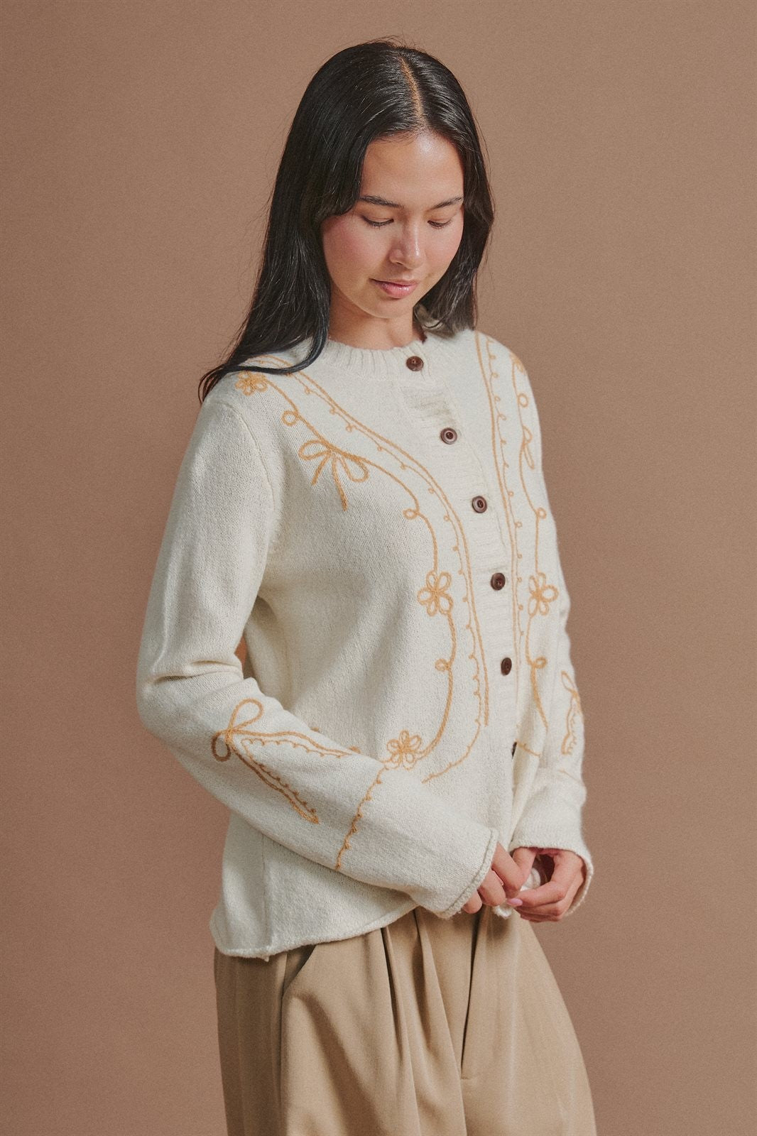 Tweed Floral Embroidered Button Cardigan with Soutache Detai in Ivory - Women's Wholesale Fashion | Trend Notes