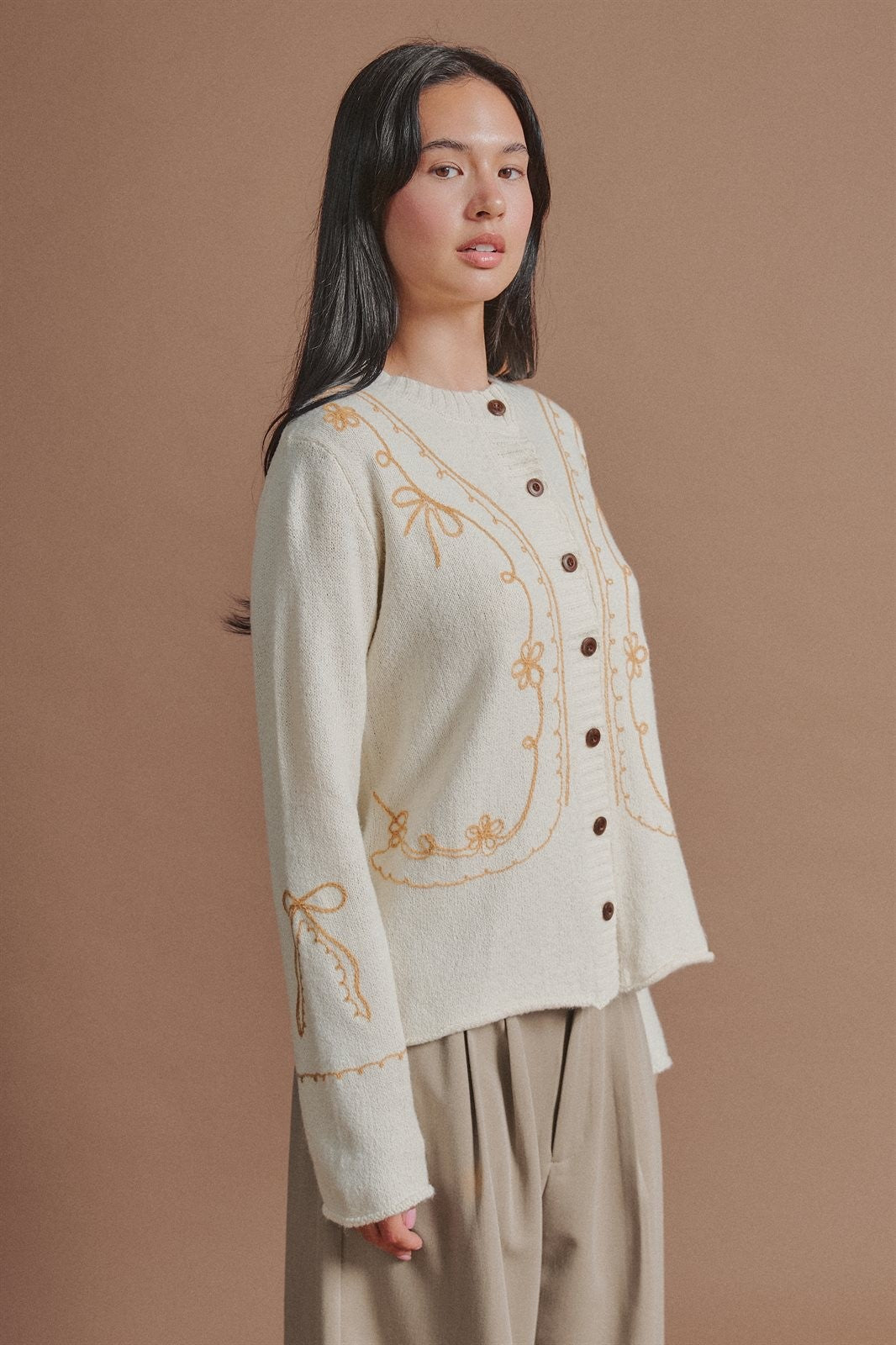 Tweed Floral Embroidered Button Cardigan with Soutache Detai in Ivory - Women's Wholesale Fashion | Trend Notes