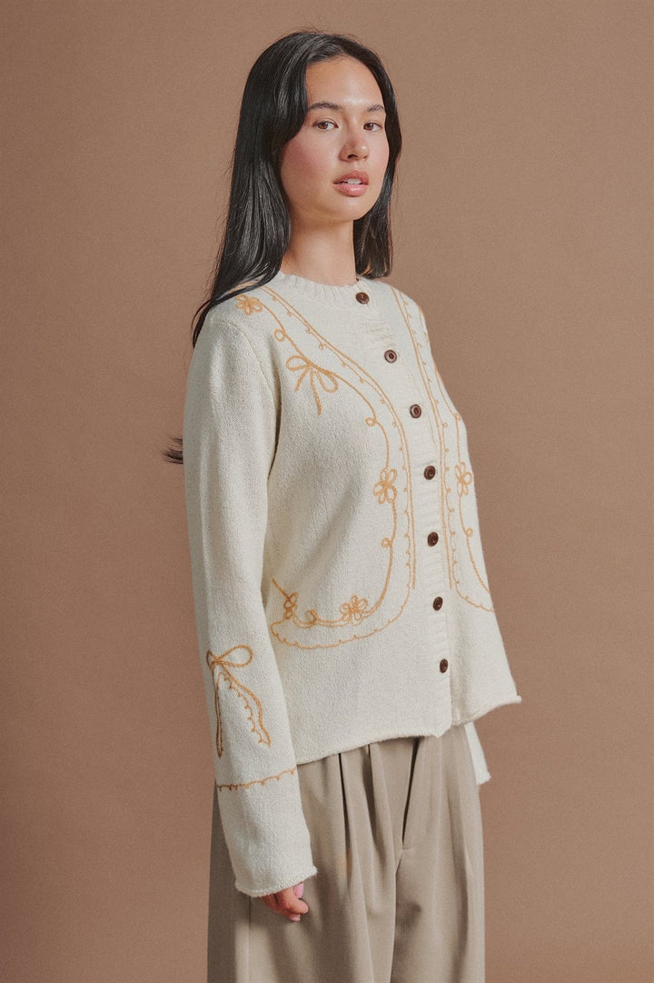 Tweed Floral Embroidered Button Cardigan with Soutache Detai in Ivory - Women's Wholesale Fashion | Trend Notes