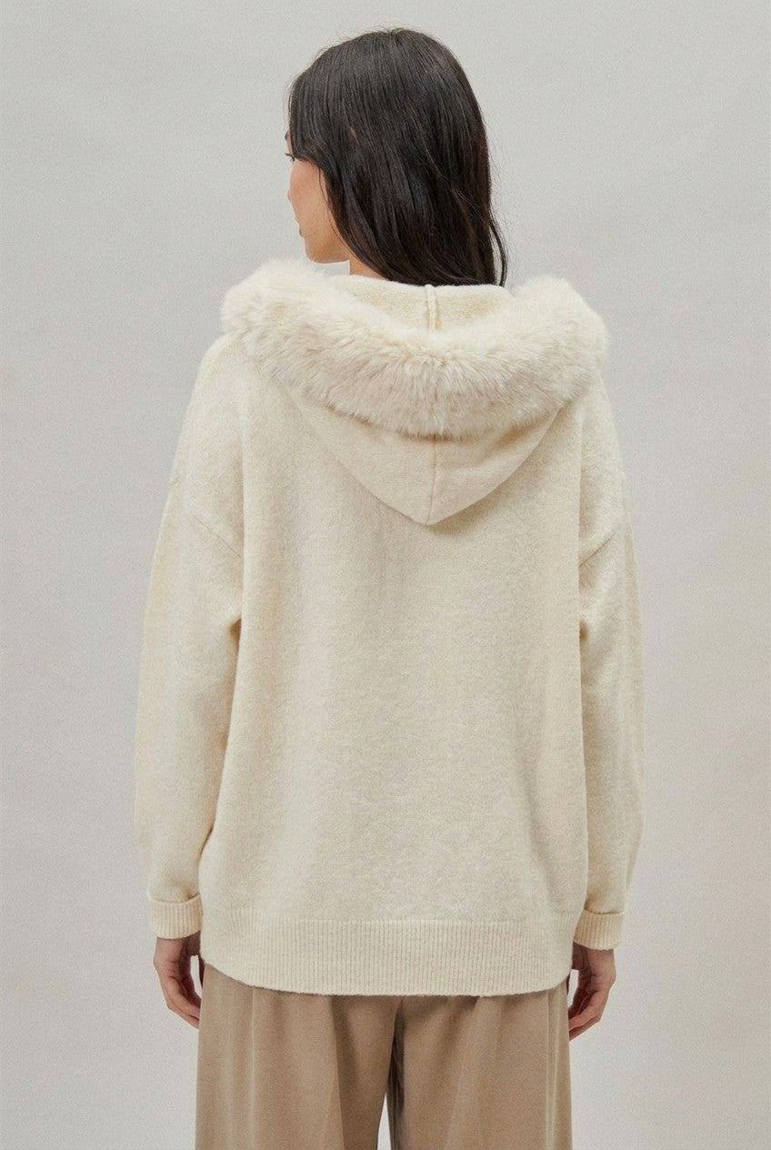 Faux Fur Hood Pom Pom Cardigan Wool Blend in Baby Blue in Blue - Women's Wholesale Cardigans & Shrugs | Trend Notes