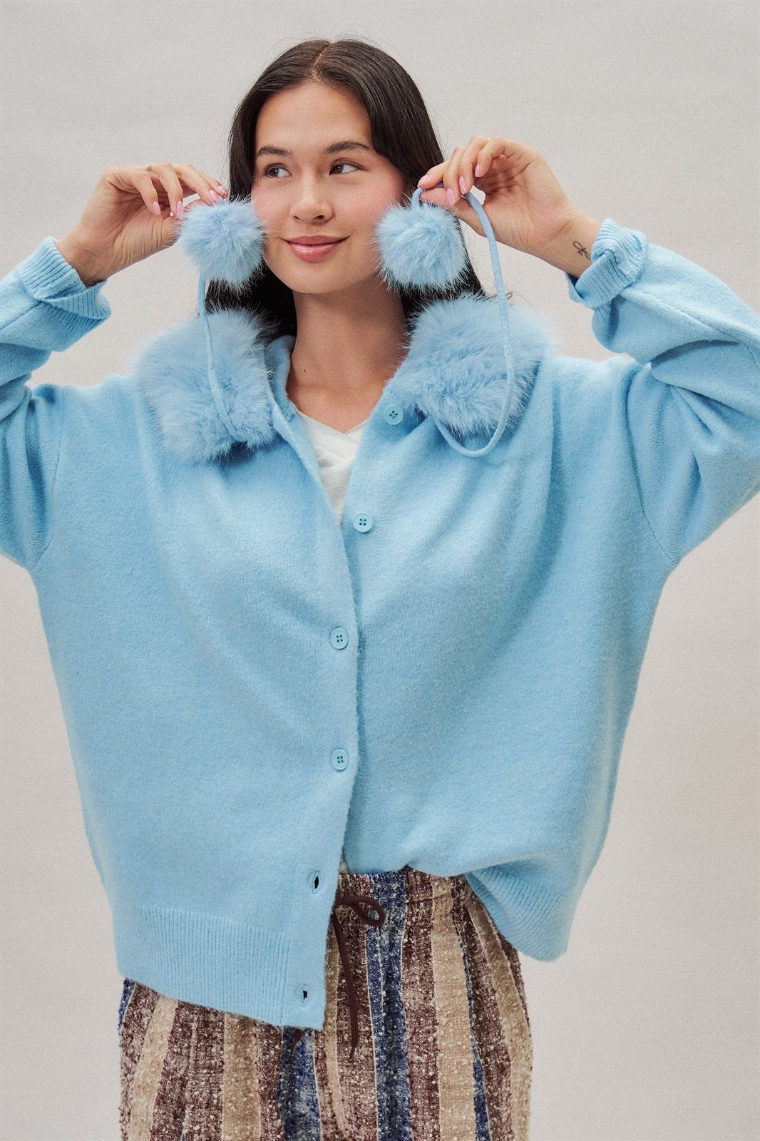 Faux Fur Hood Pom Pom Cardigan Wool Blend in Baby Blue in Blue - Women's Wholesale Cardigans & Shrugs | Trend Notes