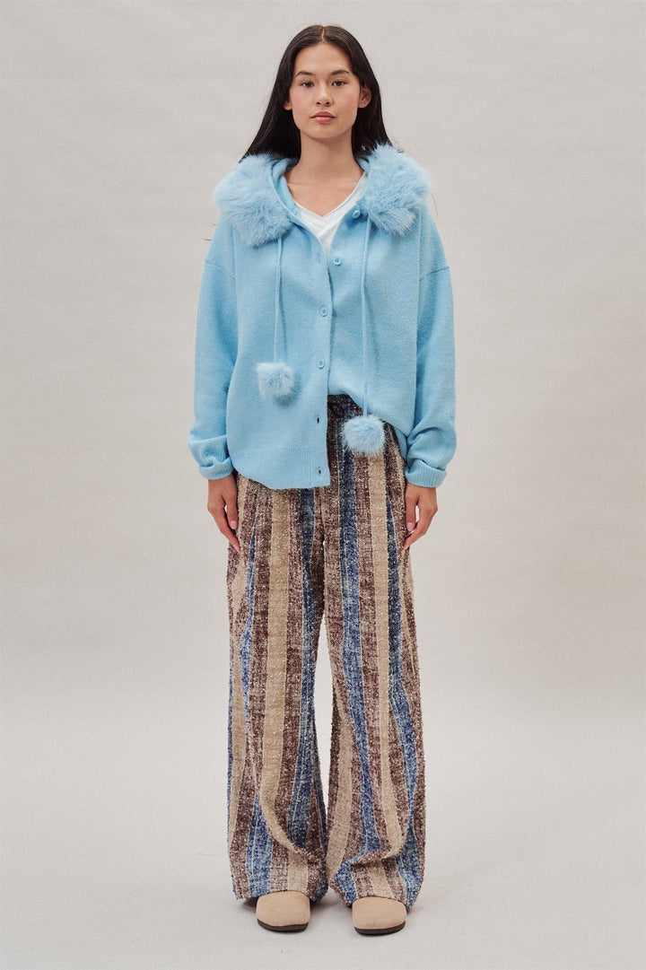 Faux Fur Hood Pom Pom Cardigan Wool Blend in Baby Blue in Blue - Women's Wholesale Cardigans & Shrugs | Trend Notes