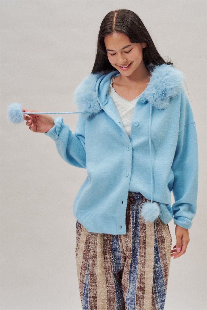Faux Fur Hood Pom Pom Cardigan Wool Blend in Baby Blue in Blue - Women's Wholesale Cardigans & Shrugs | Trend Notes
