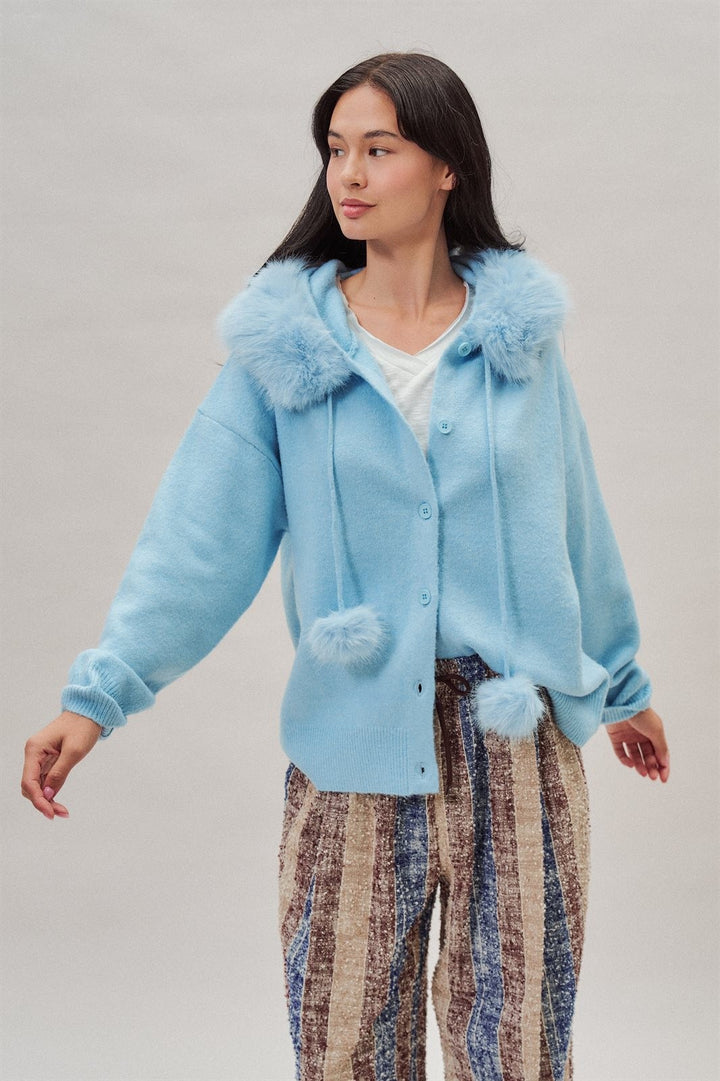 Faux Fur Hood Pom Pom Cardigan Wool Blend in Baby Blue in Blue - Women's Wholesale Cardigans & Shrugs | Trend Notes
