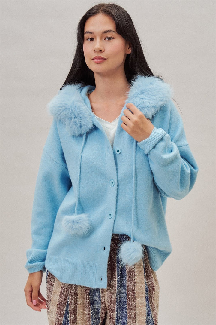 Faux Fur Hood Pom Pom Cardigan Wool Blend in Baby Blue in Blue - Women's Wholesale Cardigans & Shrugs | Trend Notes
