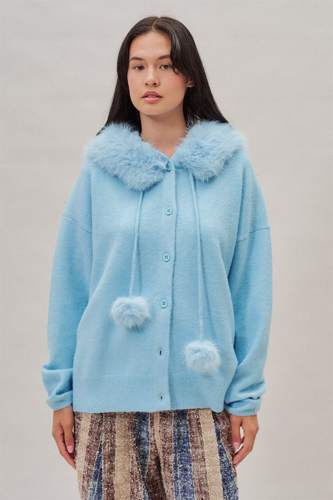 Faux Fur Hood Pom Pom Cardigan Wool Blend in Baby Blue in Blue - Women's Wholesale Cardigans & Shrugs | Trend Notes