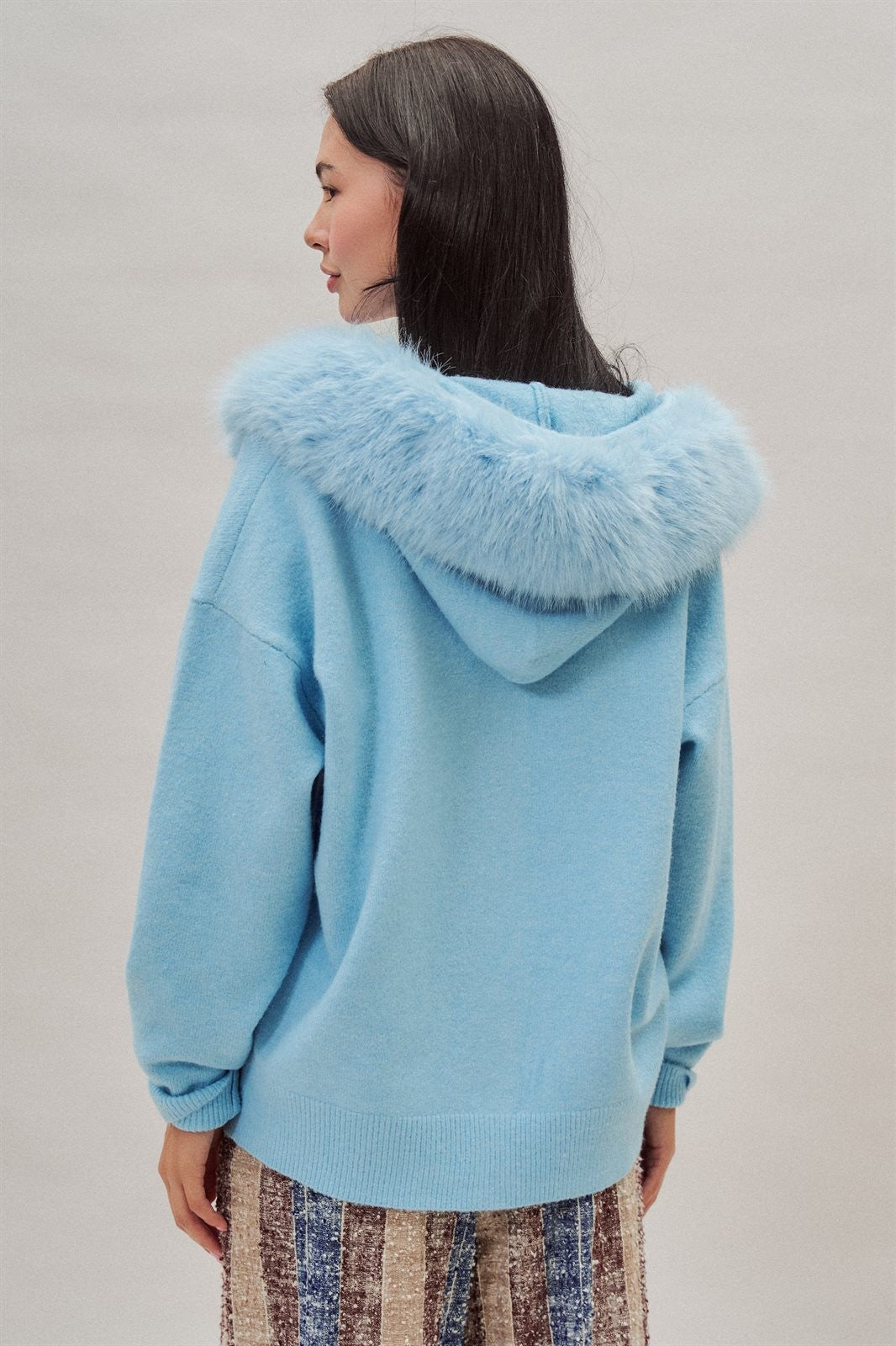 Faux Fur Hood Pom Pom Cardigan Wool Blend in Baby Blue in Blue - Women's Wholesale Cardigans & Shrugs | Trend Notes