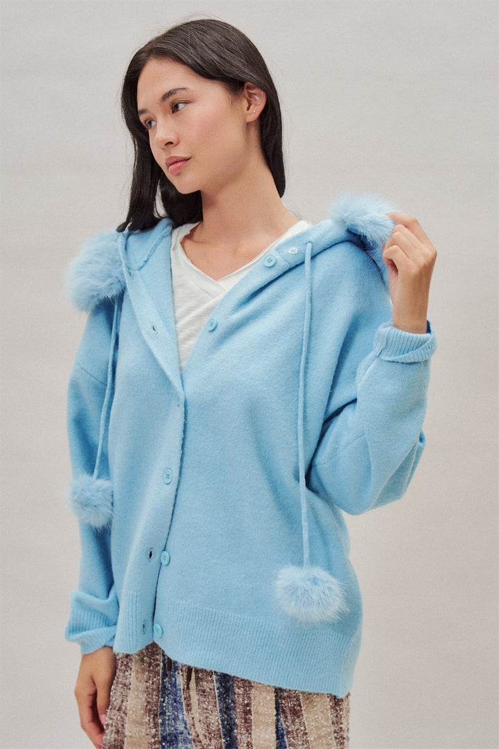 Faux Fur Hood Pom Pom Cardigan Wool Blend in Baby Blue in Blue - Women's Wholesale Cardigans & Shrugs | Trend Notes