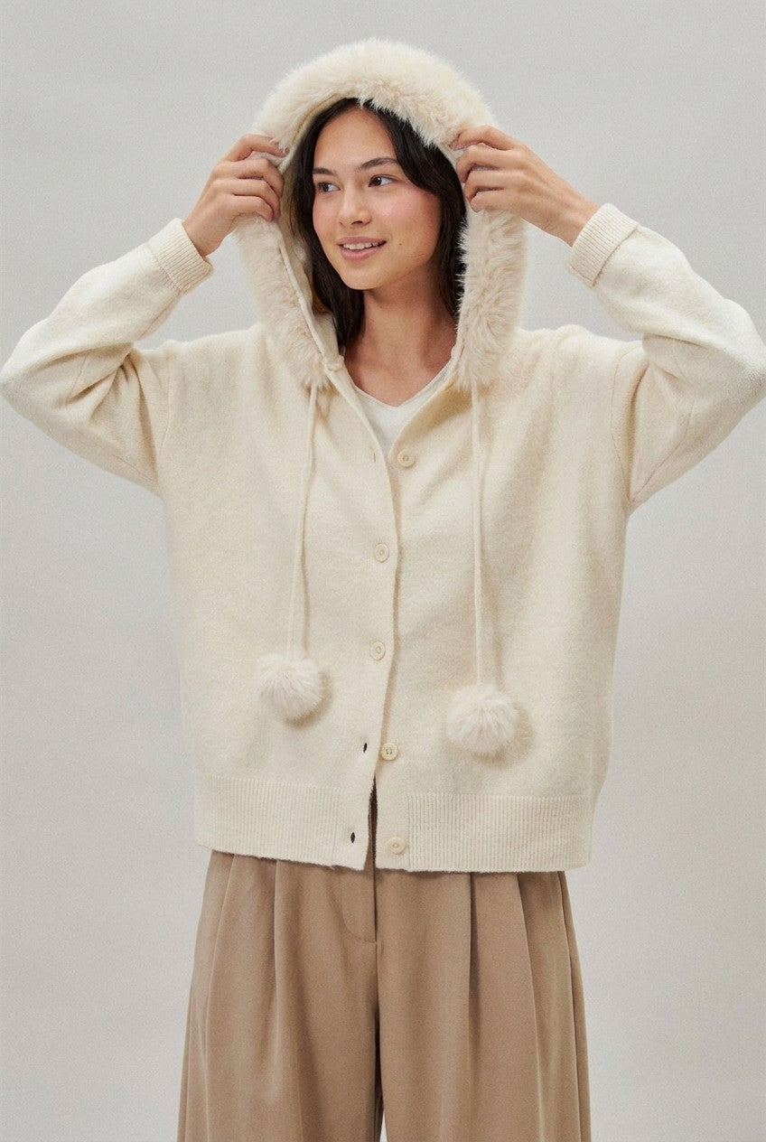 Faux Fur Hood Pom Pom Cardigan Wool Blend in Baby Blue in Ivory - Women's Wholesale Cardigans & Shrugs | Trend Notes