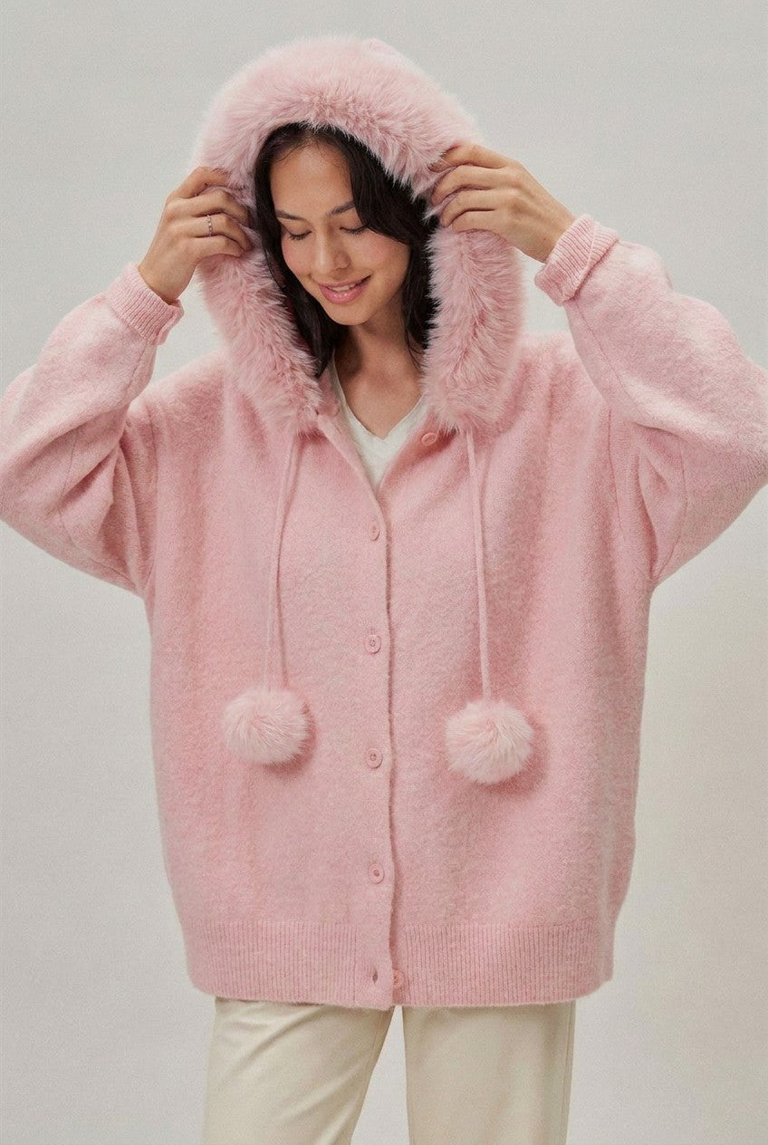 Faux Fur Hood Pom Pom Cardigan Wool Blend in Baby Blue in Pink - Women's Wholesale Cardigans & Shrugs | Trend Notes