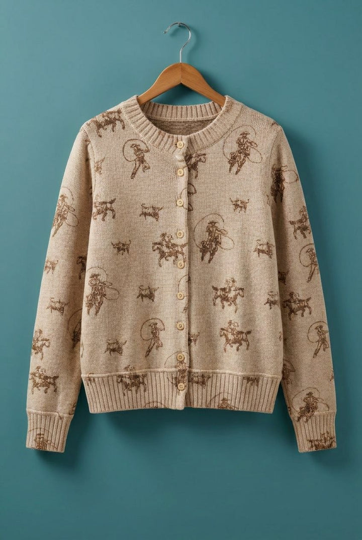 Western Cowboy Print Button Front Cardigan Sweater in Khaki - Women's Wholesale Cardigans & Shrugs | Trend Notes