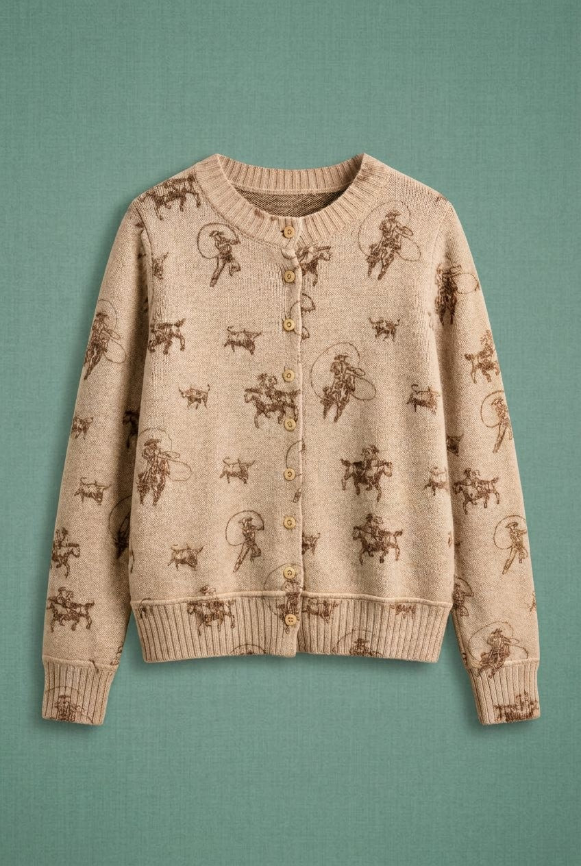 Western Cowboy Print Button Front Cardigan Sweater in Khaki - Women's Wholesale Cardigans & Shrugs | Trend Notes