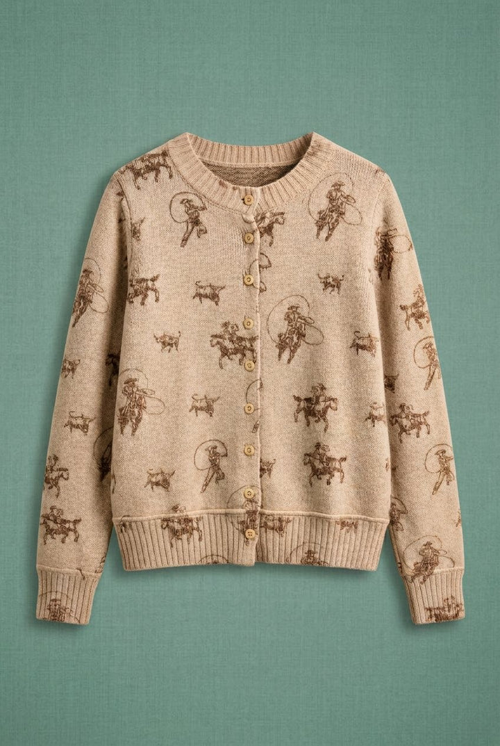 Western Cowboy Print Button Front Cardigan Sweater in Khaki - Women's Wholesale Cardigans & Shrugs | Trend Notes