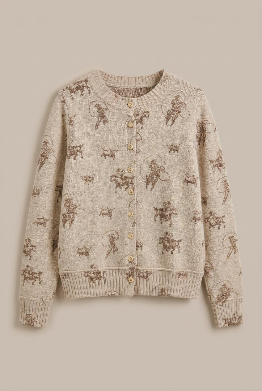 Western Cowboy Print Button Front Cardigan Sweater in Khaki - Women's Wholesale Cardigans & Shrugs | Trend Notes