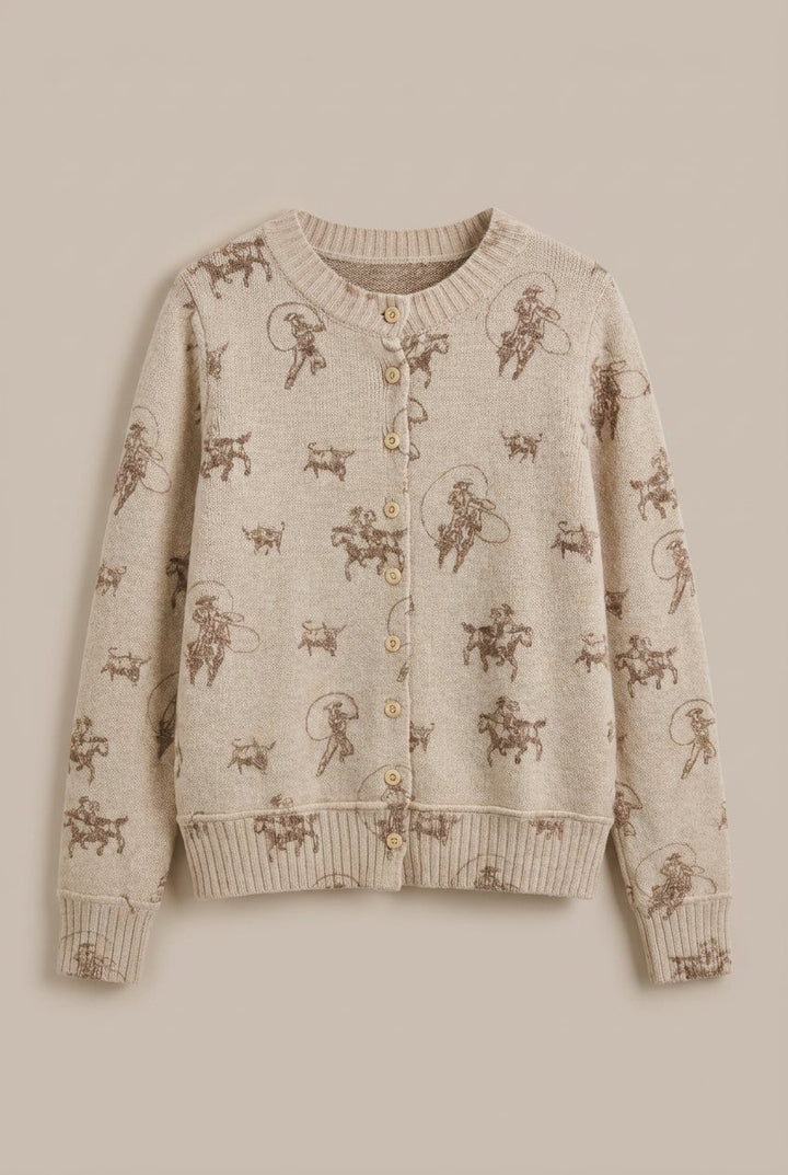 Western Cowboy Print Button Front Cardigan Sweater in Khaki - Women's Wholesale Cardigans & Shrugs | Trend Notes