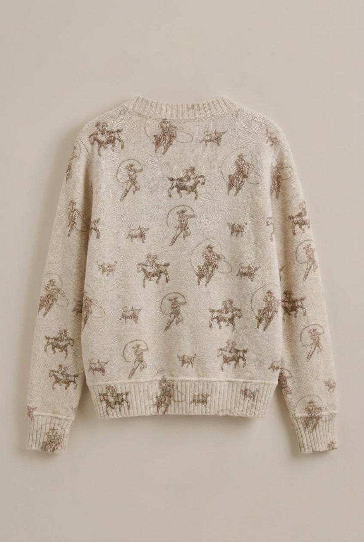 Western Cowboy Print Button Front Cardigan Sweater in Khaki - Women's Wholesale Cardigans & Shrugs | Trend Notes