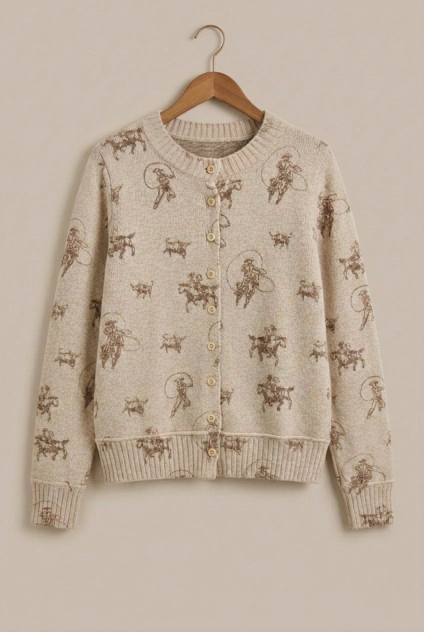Western Cowboy Print Button Front Cardigan Sweater in Khaki - Women's Wholesale Cardigans & Shrugs | Trend Notes