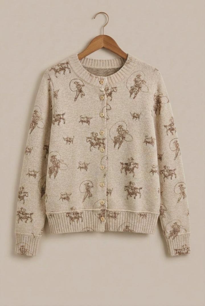 Western Cowboy Print Button Front Cardigan Sweater in Khaki - Women's Wholesale Cardigans & Shrugs | Trend Notes