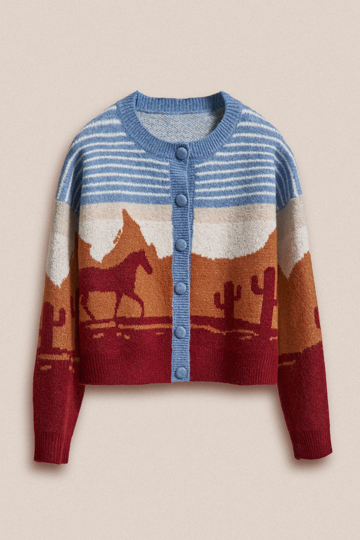 Western Desert Scene Button Front Cardigan in Blue - Women's Wholesale Fashion | Trend Notes